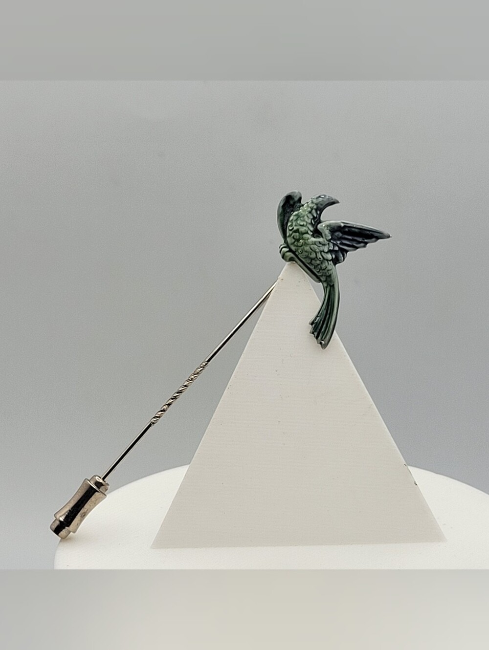 Vintage Antique Style Enameled Green Swallow Stick Pin — Art Nouveau Flying Bird